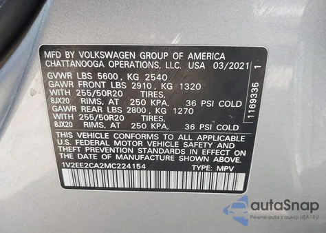 2021 Volkswagen Atlas Cross Sport 3.6L V6 Sel z USA, uszkodzony, nr VIN 1V2EE2CA2MC224154